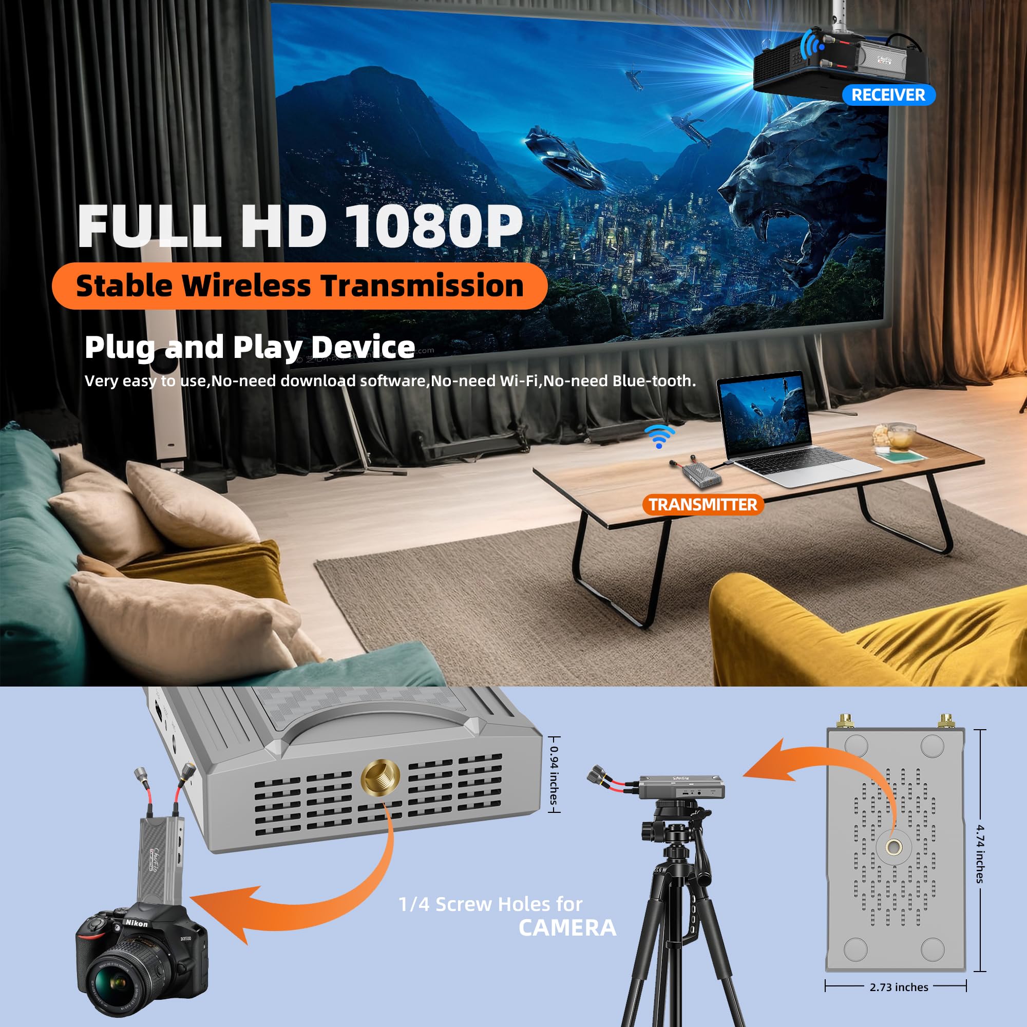 Wireless HDMI Transmitter and Receiver,300m(990ft) Wireless HDMI Extender Kit with HDMI Loop Out,5.8GHz 1080P Full HD for Streaming from Laptop,PC,DSLR,Camera,Cable Box to TV/Projector IR Support