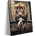 Framed Lion and Lamb Canvas Wall art Christian Jesus Lion King Poster Print God Religious Artwork Church Wall Decor Pictures for Living Room Bedroom Decoration