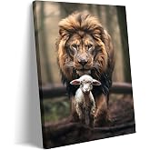 Framed Lion and Lamb Canvas Wall art Christian Jesus Lion King Poster Print God Religious Wall Decor Pictures for Living Room Bedroom Decoration