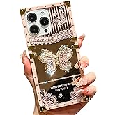 TETAW Cute Compatible with iPhone 15 Plus Case with Luxury Bling Glitter Butterfly Foldable Stand Kickstand,Glitter Soft PC Mirror Slip-Resistant Bumper Protective Cover for Women & Girls(Pink)