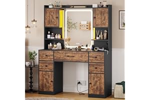 Tiptiper Large Makeup Vanity Desk with Lights & Charging Station,Vanity Table with Mirror,Time Display,Makeup Table with Drawers, Rustic Brown & Black