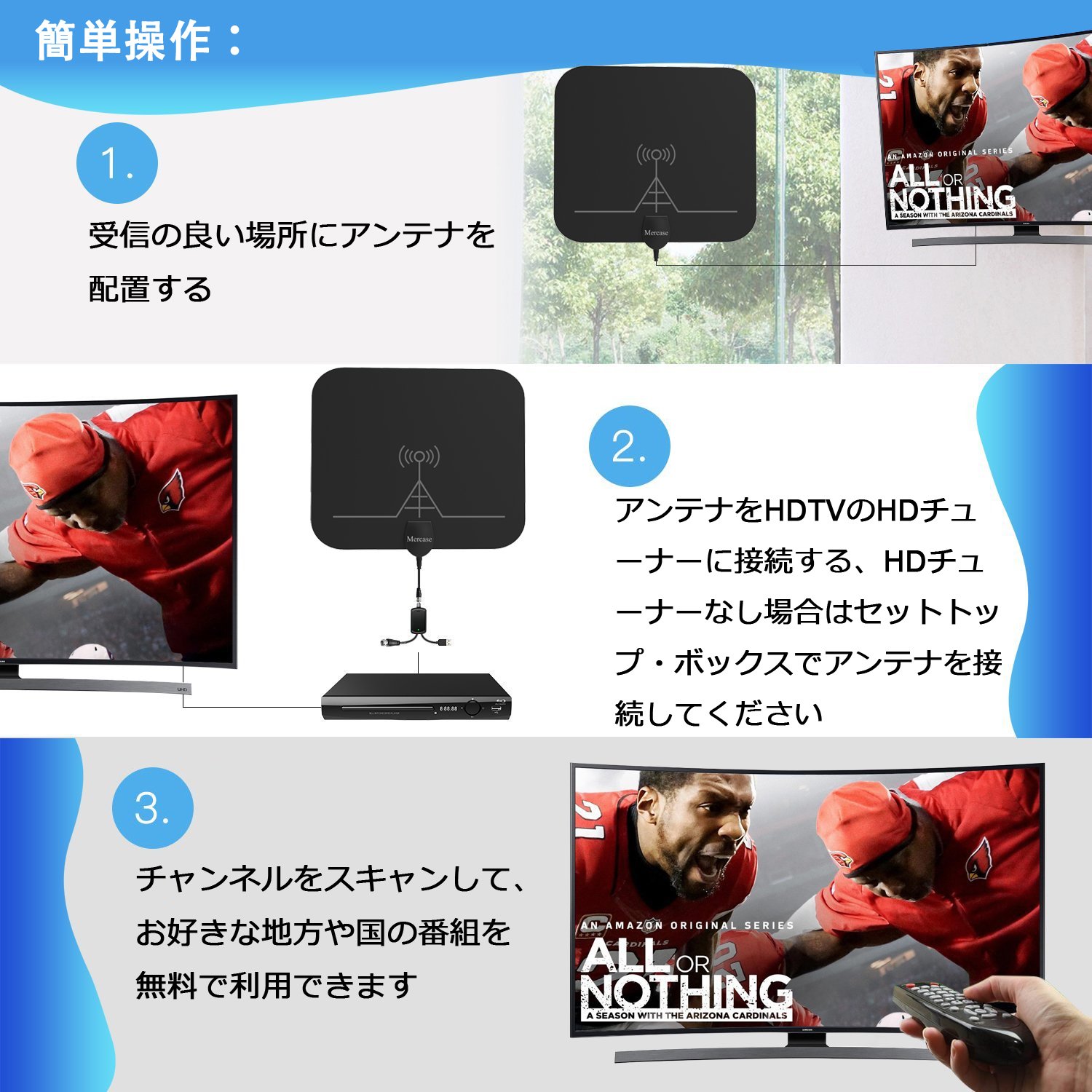 テレビ アンテナ 室内 地デジ ペーパーアンテナ 96KM受信範囲 取り外し可能増幅器と4メートルケーブル付き USB式 4K 1080P デジ HDTV 簡単設置 (ブラック)