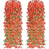 2PCS Artificial Hanging Flowers, UV Resistant Fake Plastic Faux Hanging Plants Morning Glory Vines for Indoor Outdoor Garden Porch Eave Wedding Wall Décor(Orange)