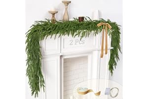 CHERICA 2 Pcs Christmas Garland with Lights 6 Ft, Real Touch Norfolk Pine Garland for Mantle, Christmas Decorations Indoor Outdoor for Wall Fireplace, Faux Greenery Cedar Garland Realistic for Table Decor