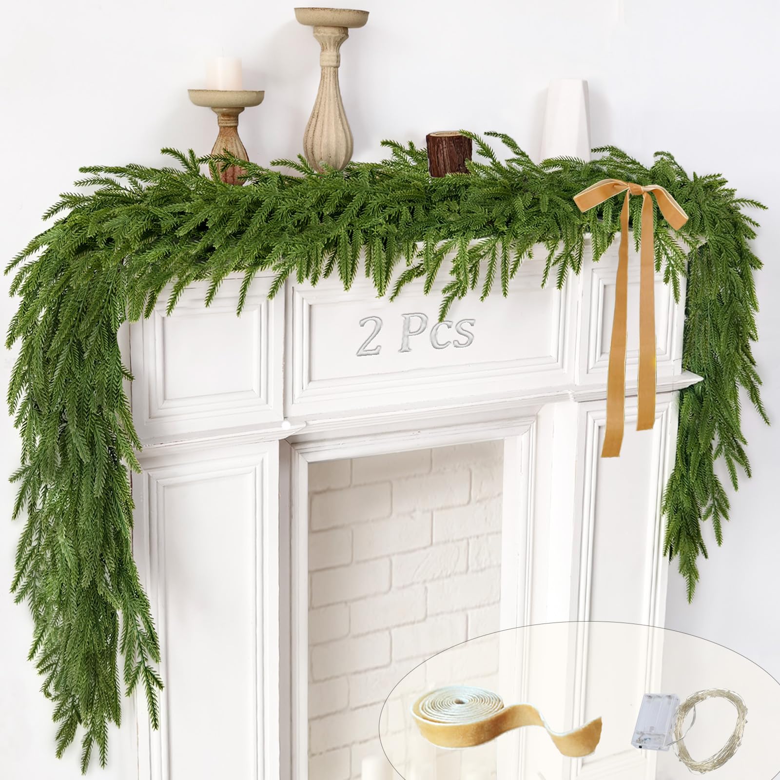 Photo 1 of 2 Pcs Christmas Garland with Lights 6 Ft, Real Touch Norfolk Pine Garland for Mantle, Christmas Decorations Indoor Outdoor for Wall Fireplace, Faux Greenery Cedar Garland Realistic for Table Decor