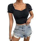 SweatyRocks Women's Ruched Short Puff Sleeve Tops Sweetheart Neck Frill Trim Elegant Shirts Crop Tops