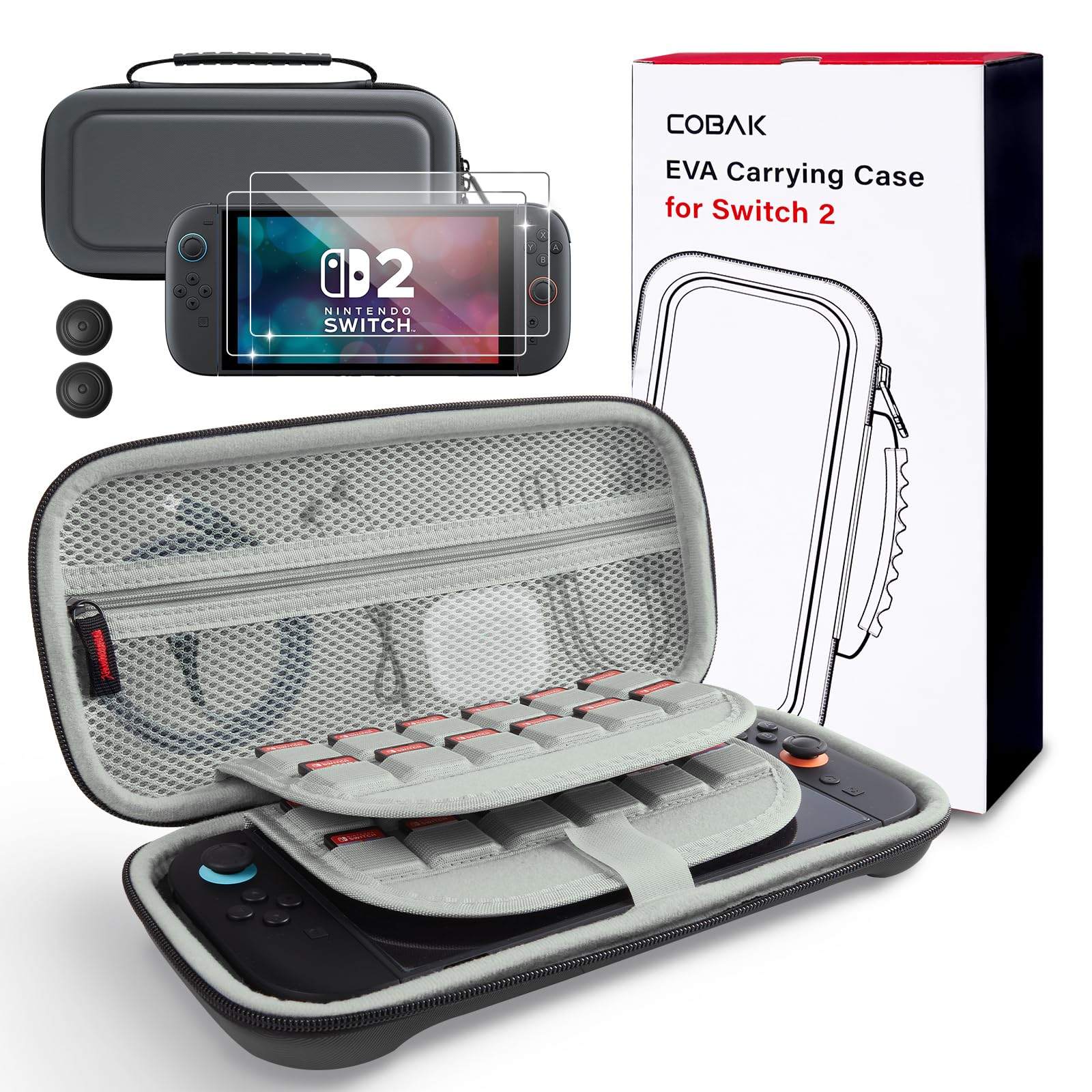 CoBak Large Capacity Carrying Case for Nintendo Switch 2 (2025) - 3 in 1 Accessories Bundle with 2 Screen Protectors, Thumb Grip Caps, 24 Game Cartridges, Hard Shell Portable Travel Pouch, Gray