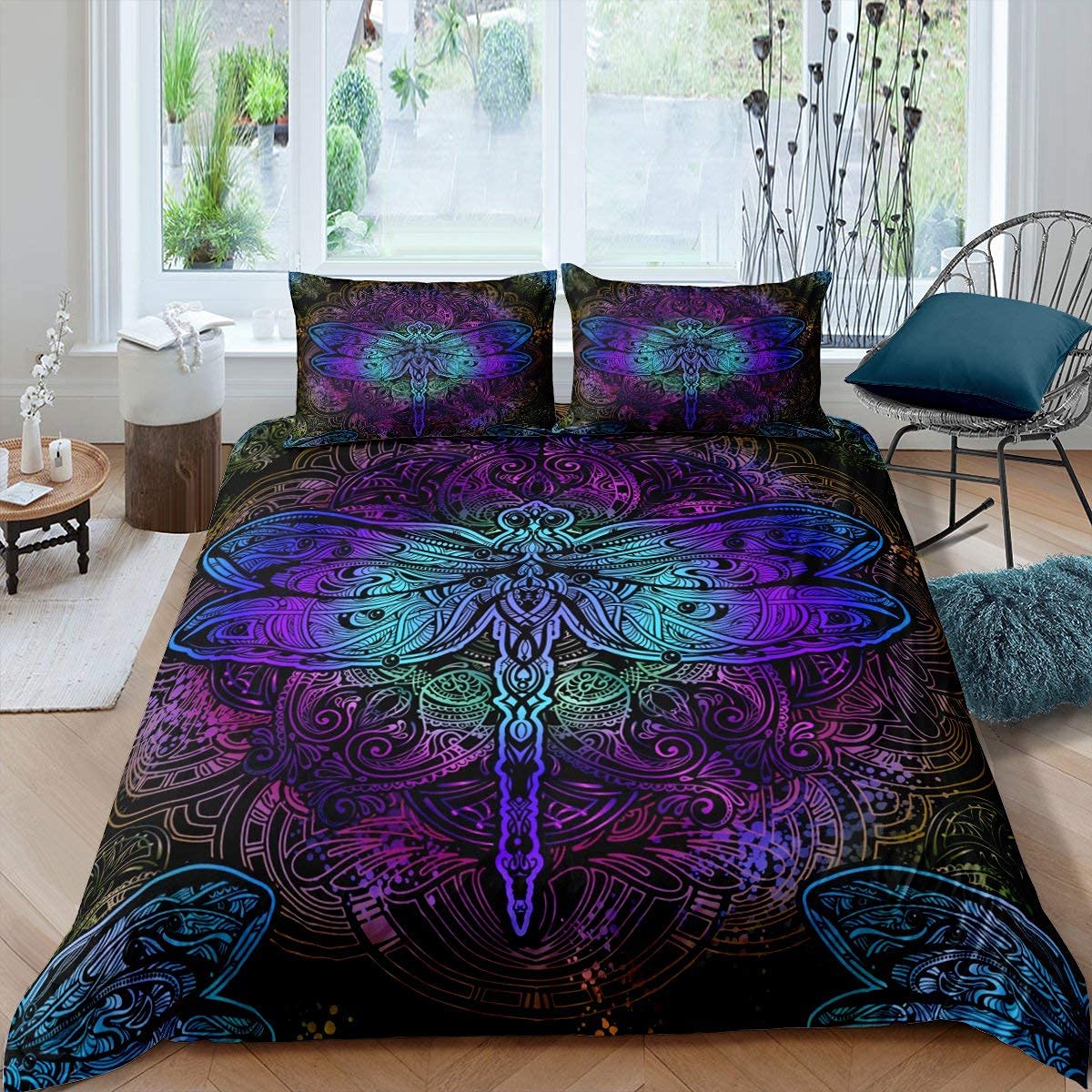 Homewish Bohemian Dragonfly Comforter Cover King Size Mandala Paisley Bedding Set Purple Dragonfly Duvet Cover Tie Dye Trippy Gypsy Iridescent Chic Hippie Quilt Cover Decor 3 Pcs — image 1