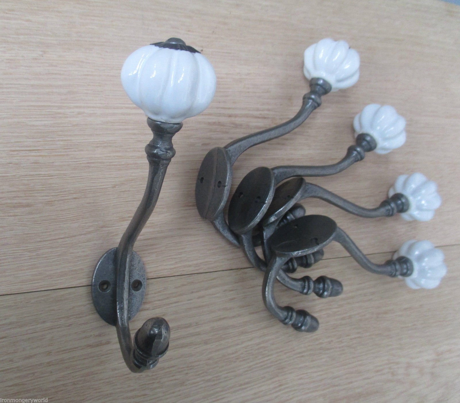 IRONMONGERY WORLD® 5 x CAST Iron Coat Hook Ceramic TIP Retro Vintage Victorian Shabby Chic White Large Pumpkin