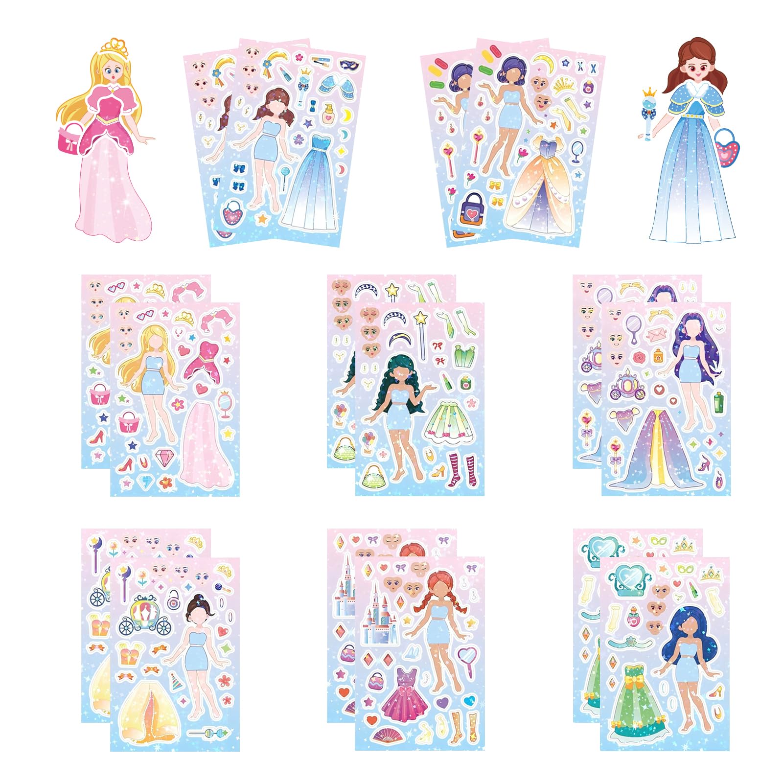 16 Sheet Shining Princess DIY Sticker Craft Kit | Make Your Own Princess Stickers for Girls | Suitable for Birthday Party Gifts, Classroom Rewards, Arts and Crafts, Scrapbooks, Etc