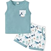 SOLOYEE Toddler Baby Boy Clothes Summer Outfits Sleeveless Waffle-Knit Tank Tops T-Shirt+Casual Shorts 2Pcs Clothing Set 1-5T