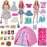 26 Pcs Girl Doll Travel Camping Tent Set, Includes 1Tent, 1Sleeping Bag, 1Pajama Set, 2 Skirt Sets, 4 Pairs of Shoes and 17 Food Accessories for 11.5 Inch Girl Dolls