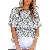 Dokotoo Floral Print Blouses for Women Crewneck Smocked Puff Sleeve Shirts Casual Babydoll Tops