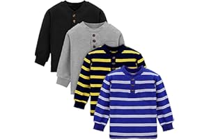 Cooraby 4 Packs Toddler Long Sleeve Shirt Boy Striped Tee Shirt with Pocket Soft Cotton T-Shirt