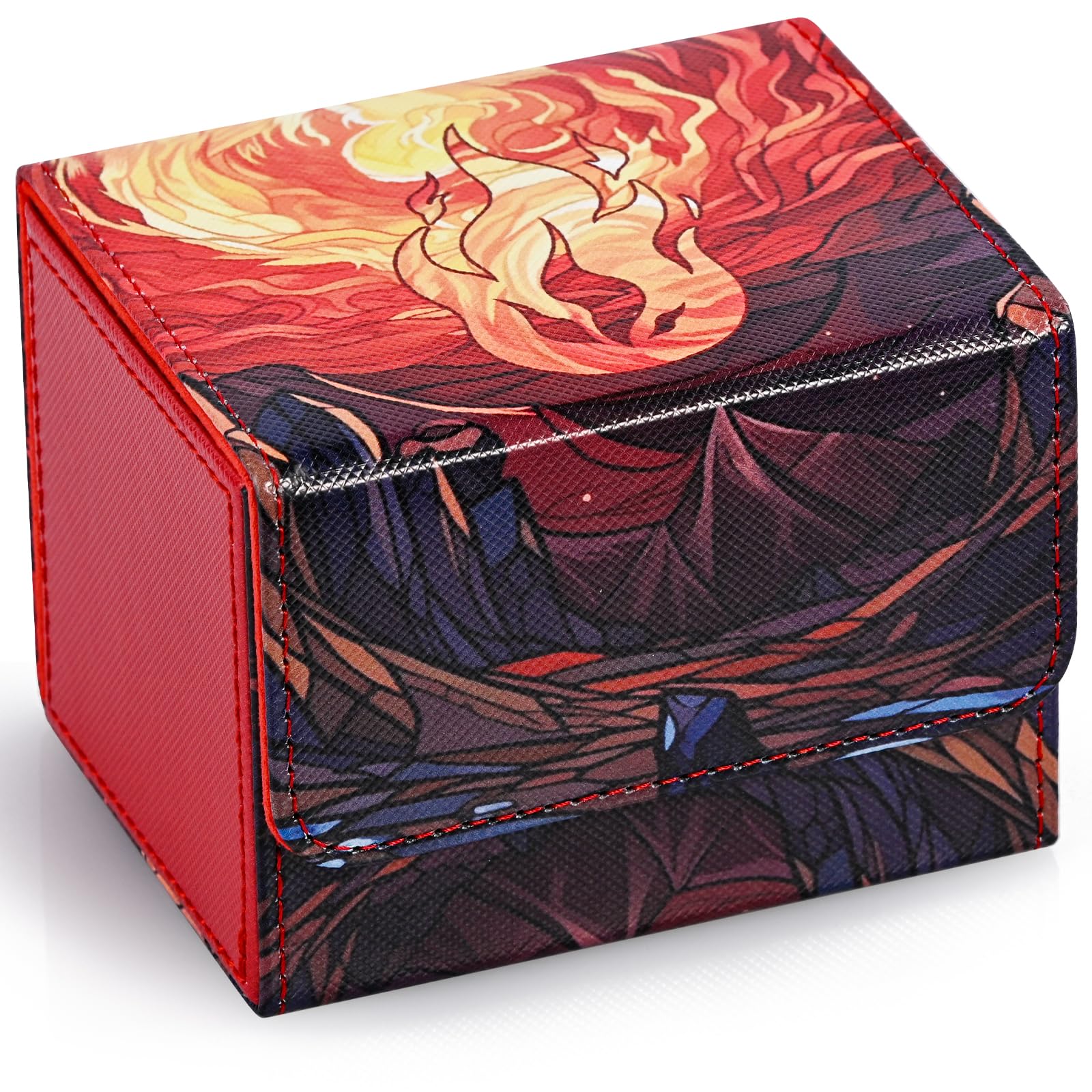 UAONO Deck Box for MTG Cards, Trading Card Storage Box Holds 120+ Sleeved Commander Deck, PU Leather Card Box Suits TCG Magic Cards with 2 Dividers (Red,Flame)