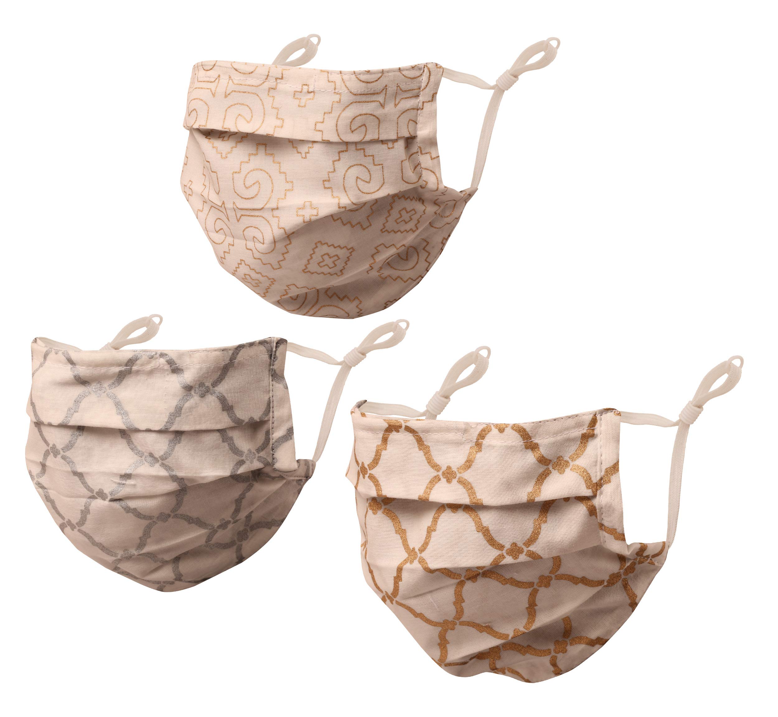 Touchstone Indian Heritage Fabric Adjustable filter pocket nose bridge double layer cotton face mask reusable washable for men, women (Pack of 3). Gold Silver White