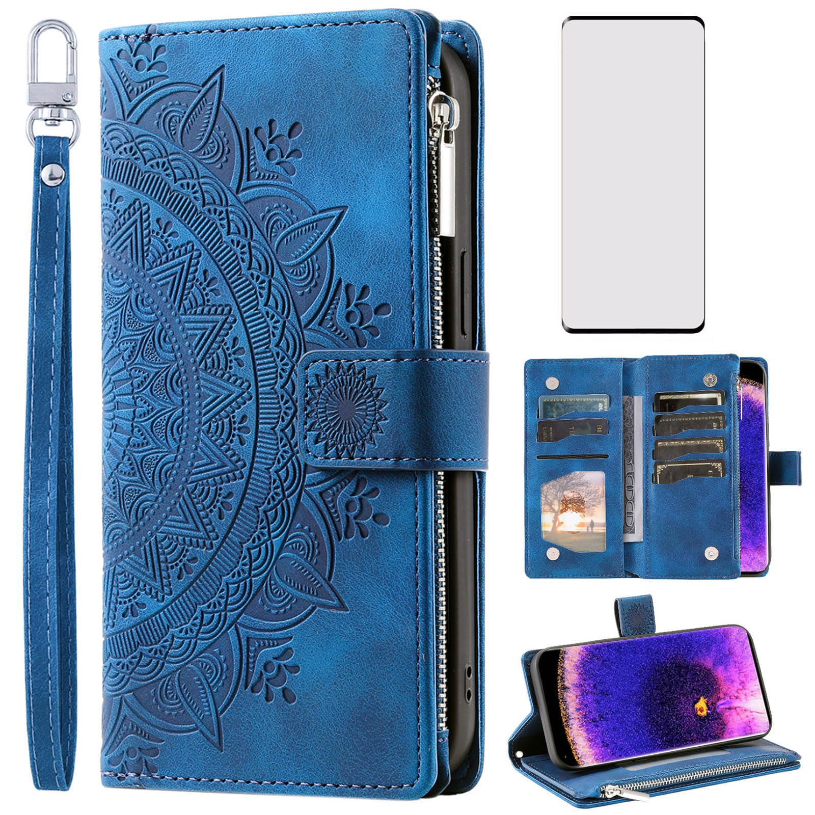 Asuwish Phone Case for OPPO Find X5 Pro Wallet Cover With Tempered Glass Screen Protector and Wrist Strap Mandala Flower Leather Flip Zipper Credit Card Holder Slot Stand Cell FindX5Pro 5G Women Blue