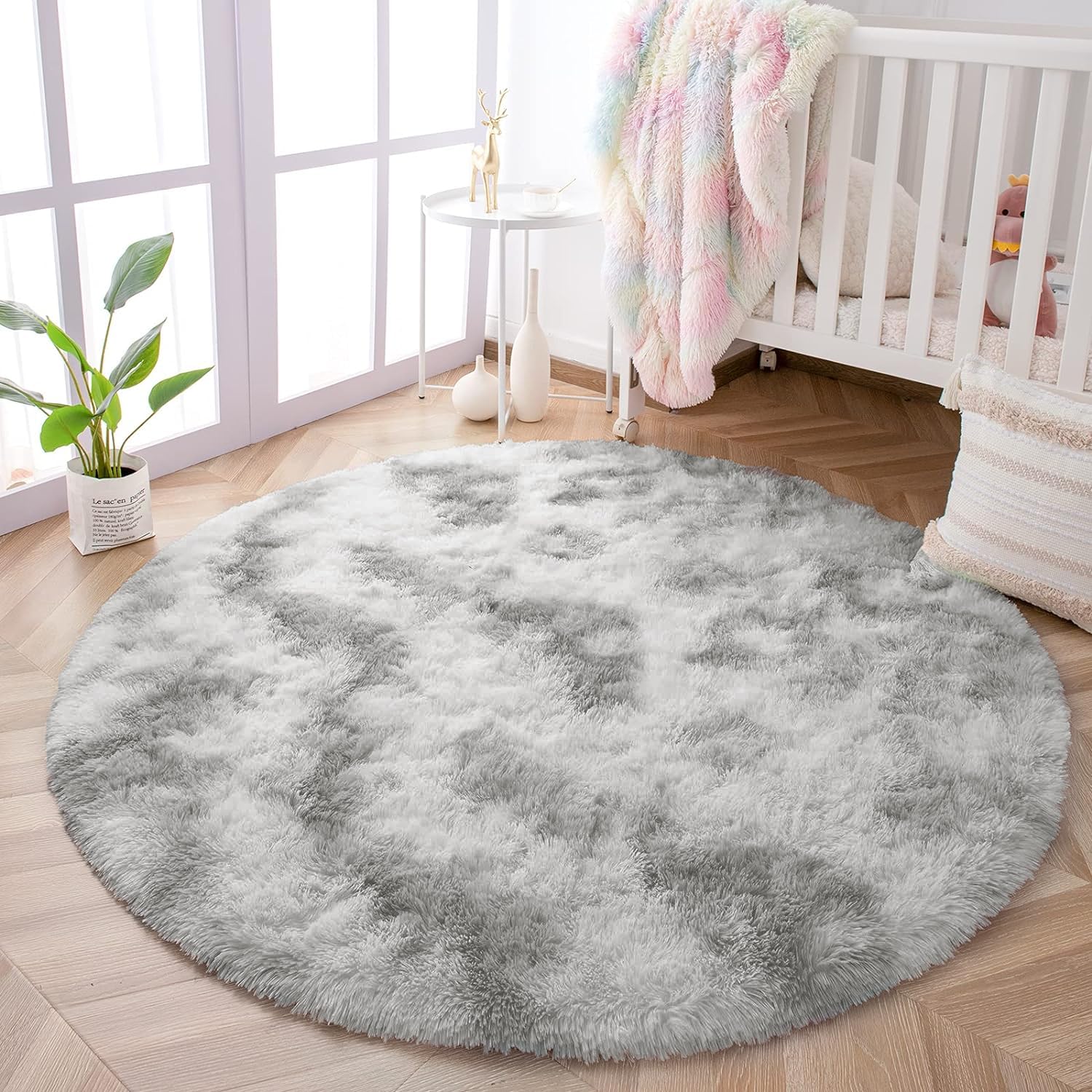Oxford Homeware Round Rugs Living Room 120x120 CM – Tie-Dye Light Grey Area Rugs for Bedroom Non Slip – Modern Super Soft Plush Carpets Fluffy Shaggy Rug for Lounge – Non Shedding Kids Bedside Rug