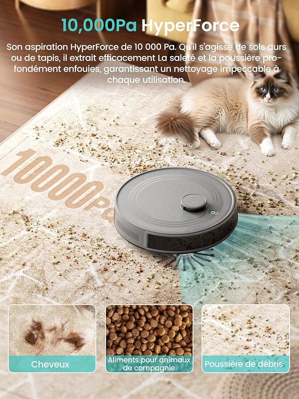 M2S Plus Aspirateur Robot avec Station, 10000 Pa d'Aspiration, Aspiration Automatique, Évite Obstacles, Auto-Charge Autonomie 240 Min, Poils d’Animaux, Tapis et Sols Durs, Alexa/App/WiFi, Gris