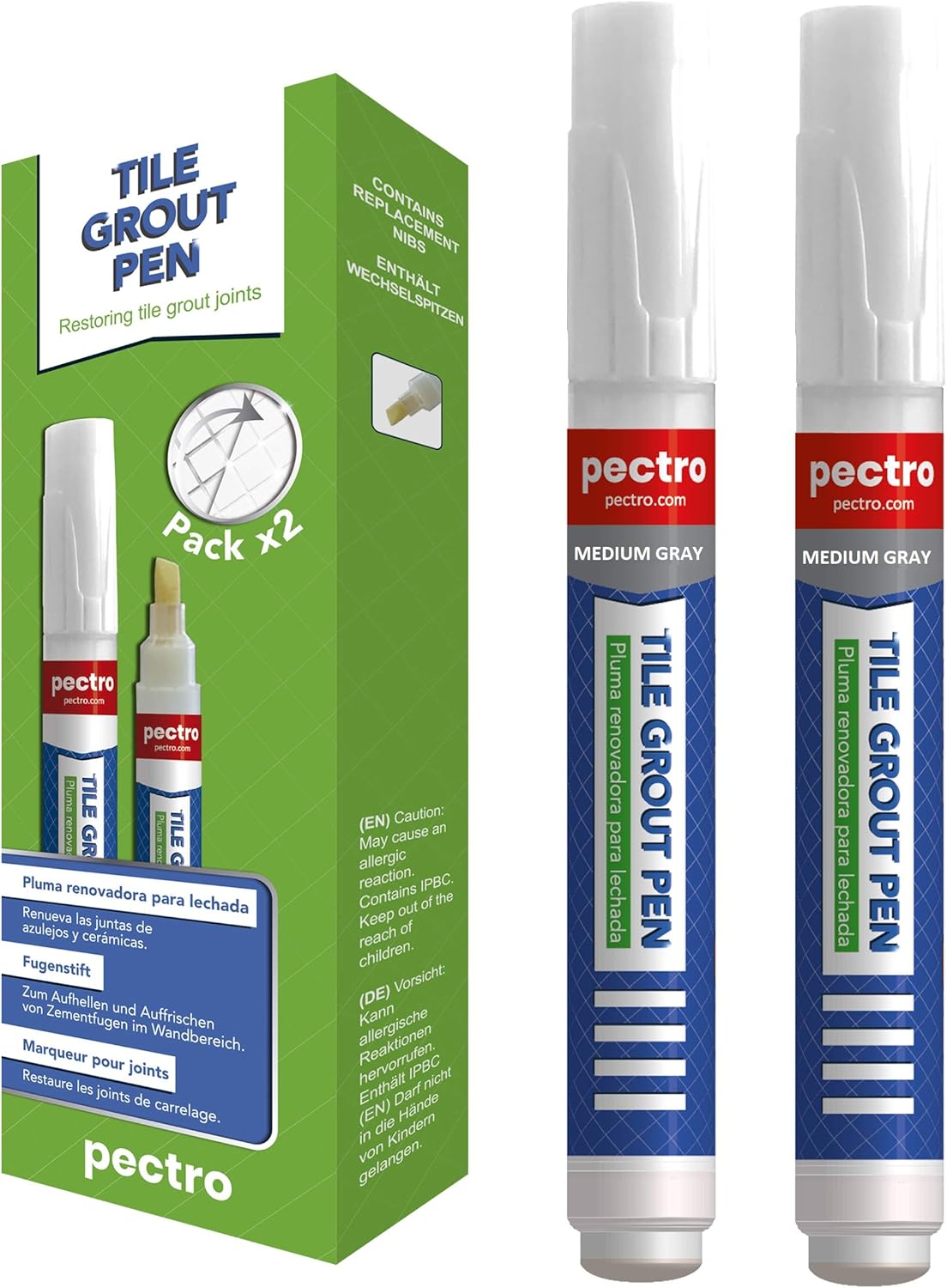 Tile Grout Pen Grey | Pack x 2 Units | Restore and Renew Grout Tile Lines in bathrooms & Kitchens | Gray Light - Medium - Dark (0, 27oz - 8ml x Unit) | Grout Reviver (Light Gray) - - 