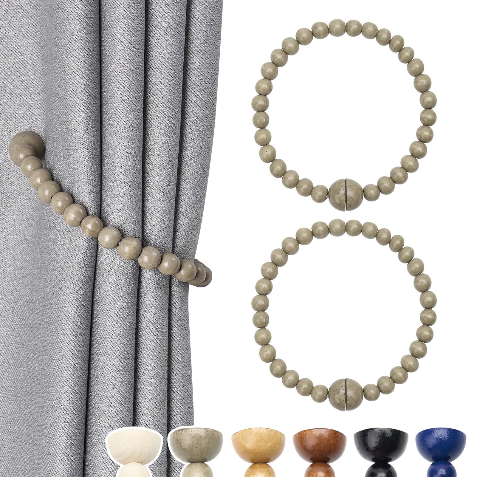 Pretty Jolly 2 Pack Wood Bead Curtain Tiebacks Boho Farmhouse Decor Drape Tie Backs Strong Magnetic Natural Wooden Beaded Curtain Holdbacks for Home & Office Outdoor Window Draperies (Rock Grey)