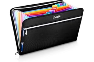 TAMFILE Fireproof Safe Waterproof Accordion File Bag Folder Expanding Filing Folder with 14 Multicolored Pockets, A4 Letter Size, Document Organizer Holder and Color Labels /2 Zipper (Black 14.3" x 9.8")