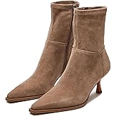 Atsroel Womens Brown Suede Fall Boots with Side Zip, Ankle, Mid Calf, Pointed Toe, Kitten Heel, Dressy, Short Boots