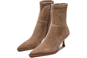 Atsroel Womens Brown Suede Fall Boots with Side Zip, Ankle, Mid Calf, Pointed Toe, Kitten Heel, Dressy, Short Boots