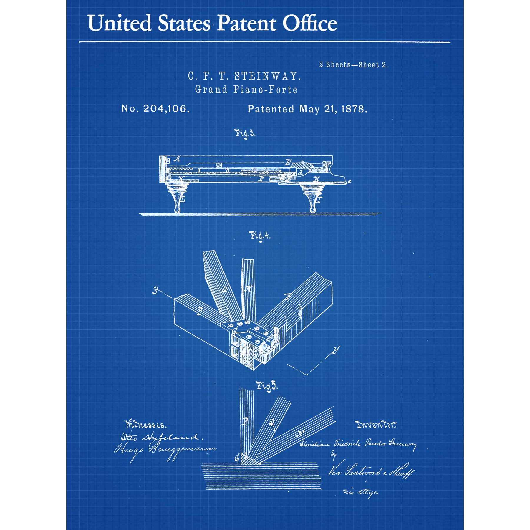 Artery8 Steinway Grand Piano-Forte 1878 Side Vintage Music Patent Premium Wall Art Canvas Print 18X24 Inch