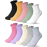 Shihanee 10 Pairs Frilly Crew Socks for Women Colorful Cotton Casual Ruffle Ankle Socks Bulk for Women Girls