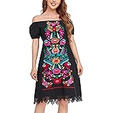 YZXDORWJ Women Mexican Embroidered Dress Casual Loose Bohemian Floral Dress Short Sleeve Long Maxi Summer Beach Swing Dress