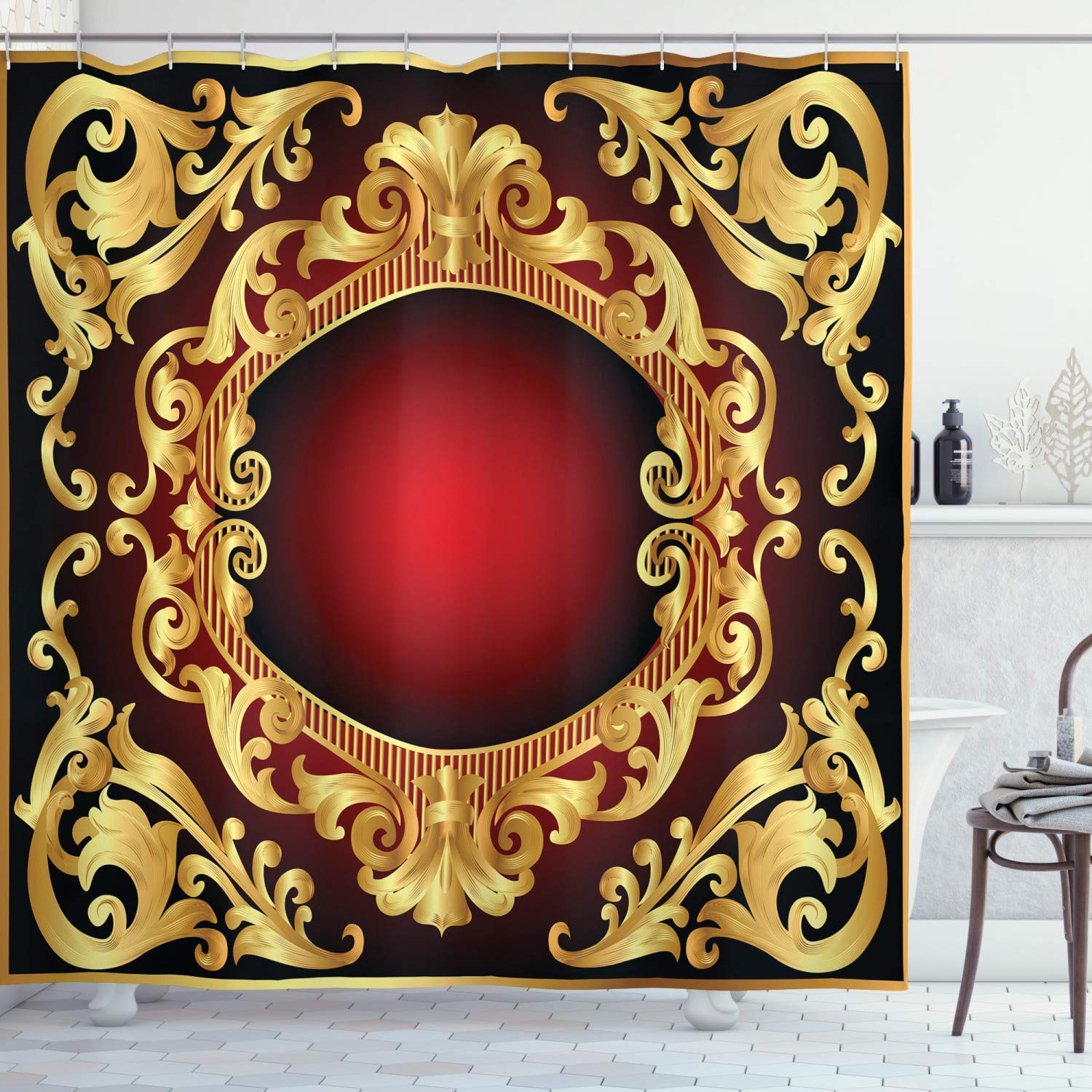 ABAKUHAUS Yellow Damask Shower Curtain, Graphic Image Baroque Inspired Curvy Frame Background, Cloth Fabric Bathroom Decor Set with Hooks, 70" Inches, Earth Yellow Burgundy