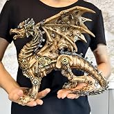 GENUINQ 10.6'' L Resin Staempunk Gear Mechanical Golden Dragon Skull Statue | metallic collective sculpture desk office study room display shelf retro sci-fi decor gifts for men