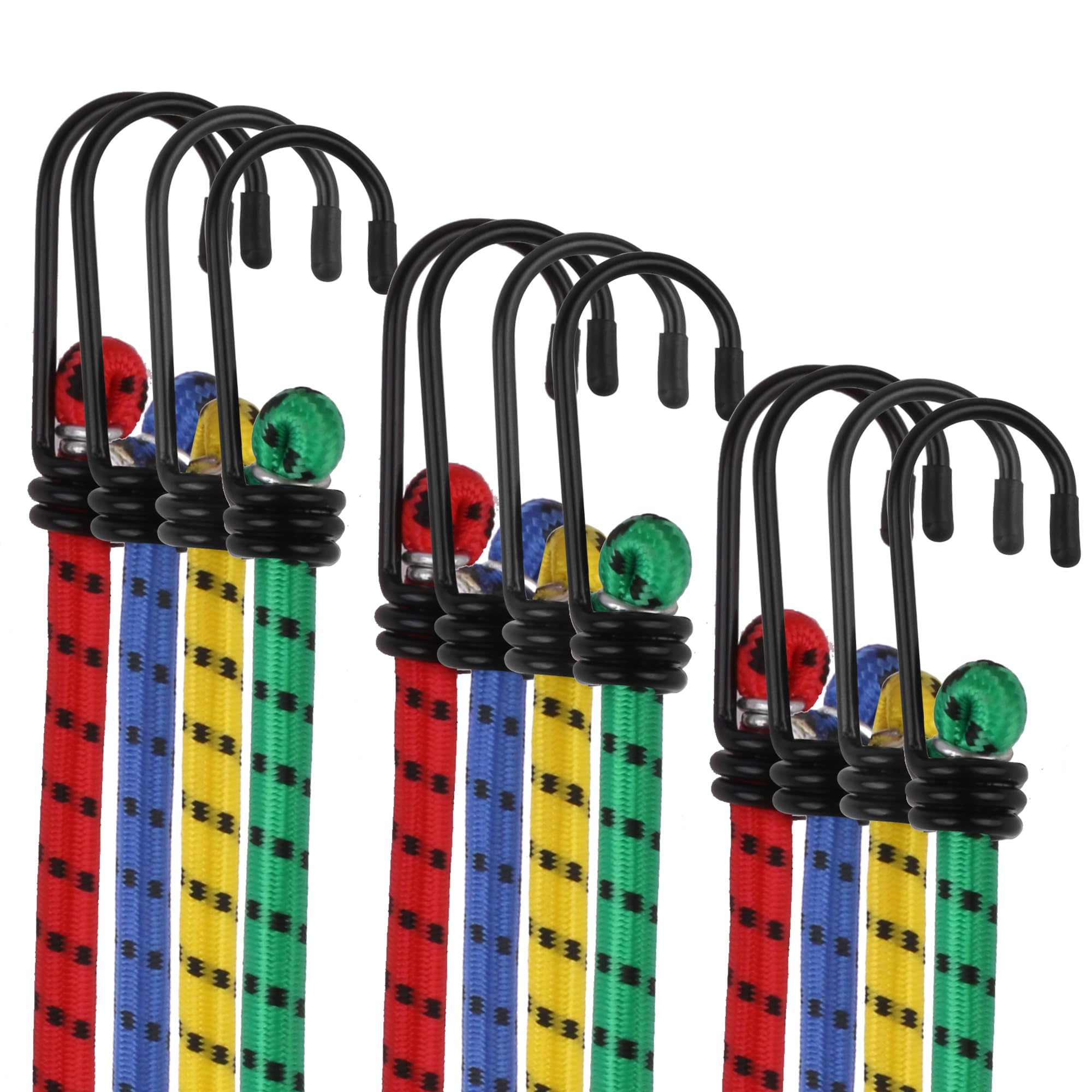 Basic Bungee Strap 12 Bungee Cords with Hooks, Elastic Straps UV-Resistant for Securing Gardening, Tent,Luggage