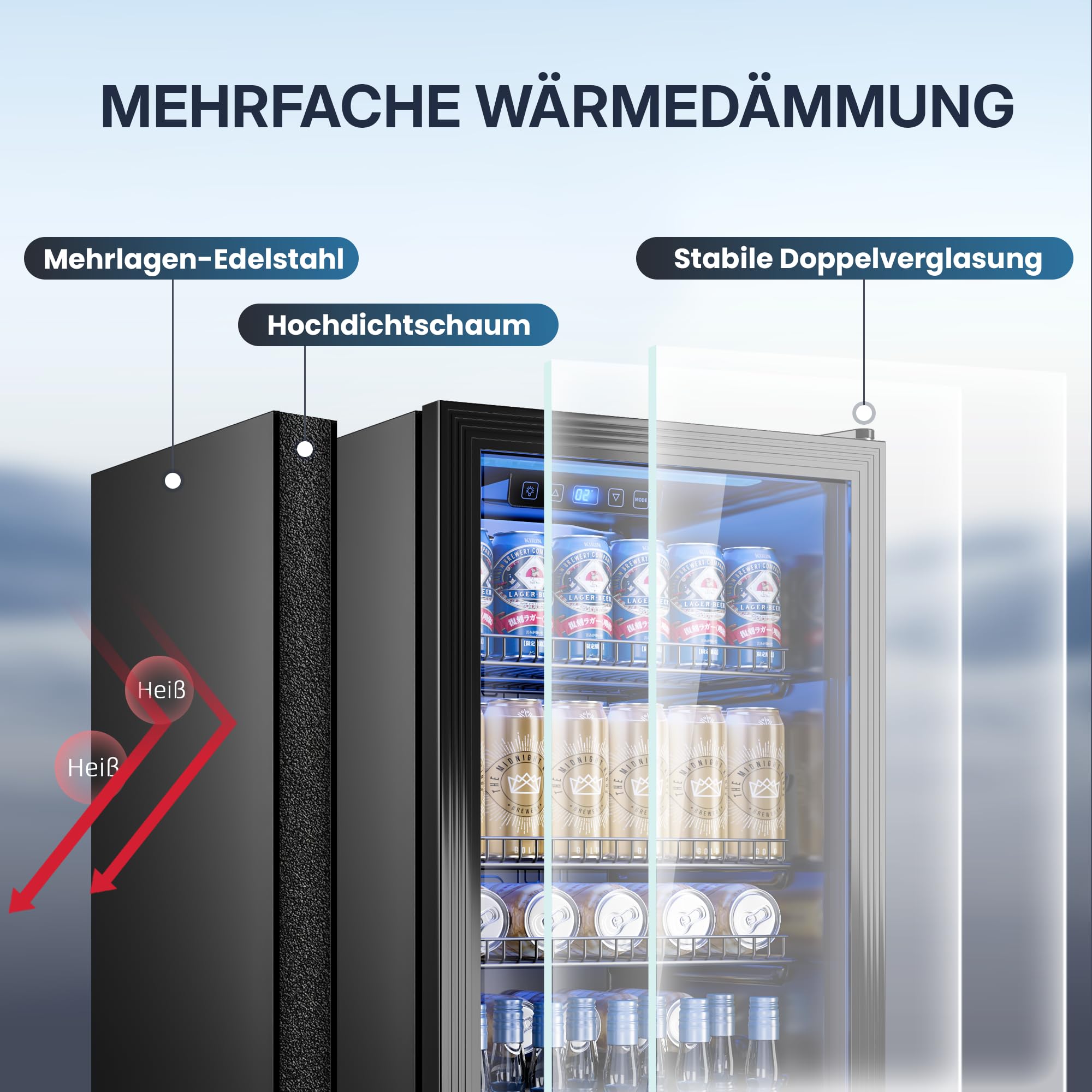 TRIUMPHKEY 90L Mini-Kühlschrank mit Glasfront (Glastür), Kompakter Getränkekühlschrank für bis zu 128 Dosen, mit verstellbaren Regalen für Bier, Wein, Soda, Ideal für Haushalt, Bar, Büro, Wohnung 3
