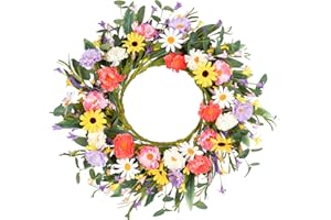 VioletEverGarden Artificial Spring Wreath 20” Purple Yellow White and Pink Flower Wreaths Summer Door Wreath for Home Party Festival Wedding Decor