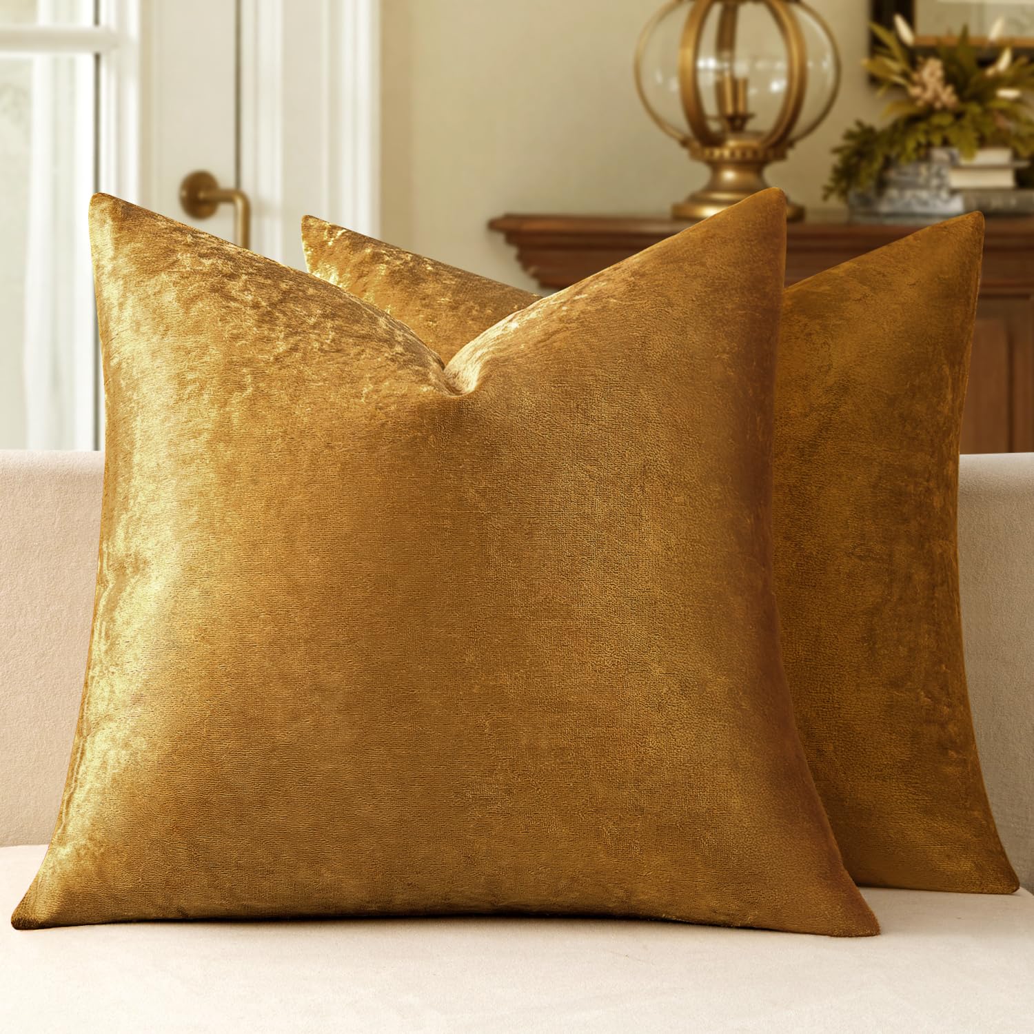 Photo 1 of MIULEE Pack of 2 Velvet Soft Solid Decorative Square Throw Pillow Covers Set Fall Cushion Cases for Sofa Bedroom Couch 18 x 18 Inch Dark Gold