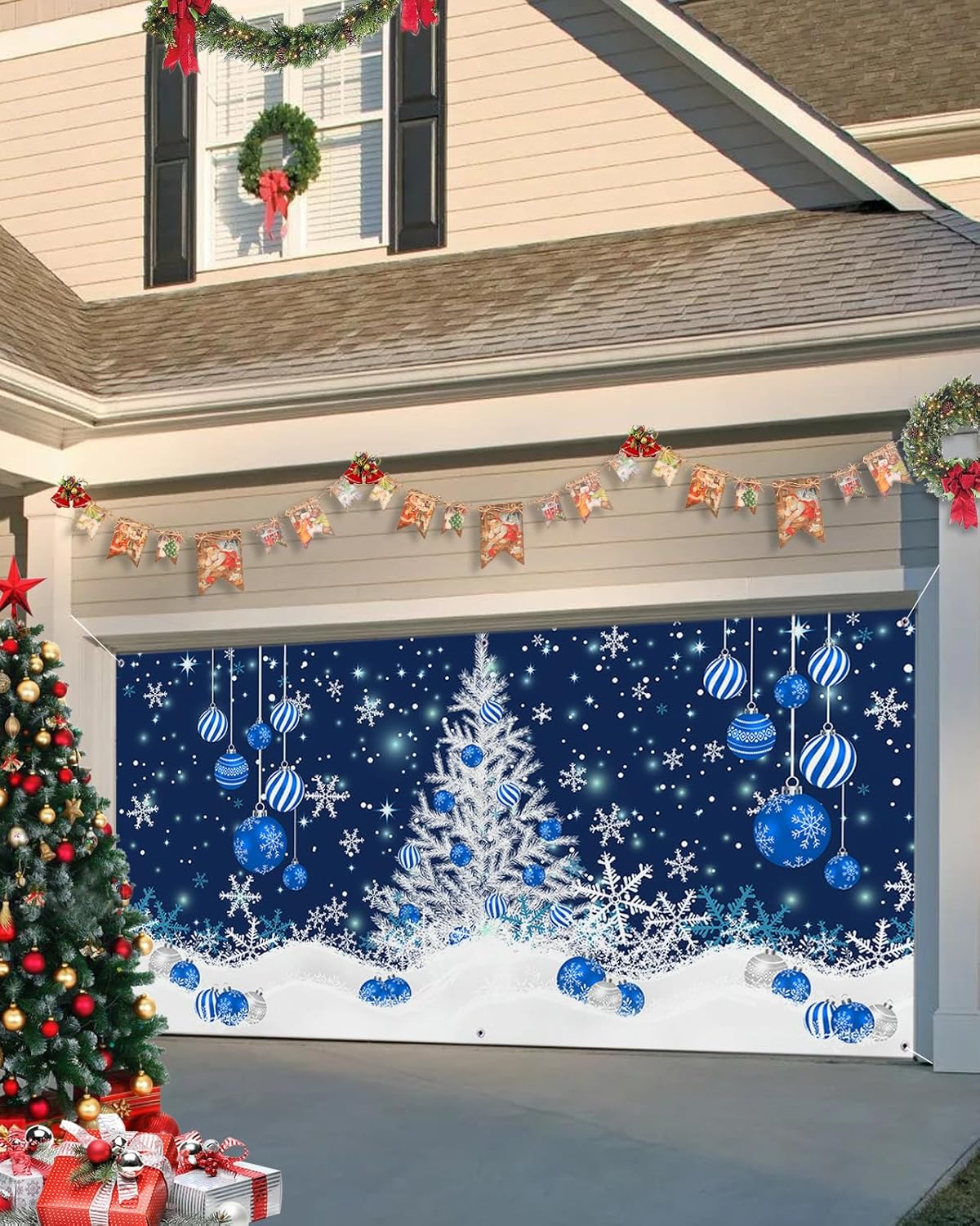 Garage Door Decorations - Wohnkutu Garage Door Cover Banner 7x8 Ft, Christmas Tree, Garage Door Decorations for Christmas, Blue Fantasy Snowflake Xmas Ball Large Hanging Backdrop Door Covers for Outdoor Holiday