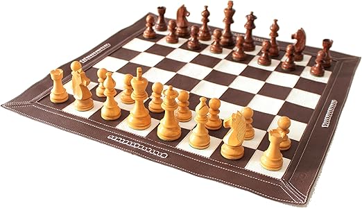 Stonkraft 19 x 19 Genuine Leather Roll-Up Tournament Chess Set - With Wooden Chess Pieces - Dark Tan Color