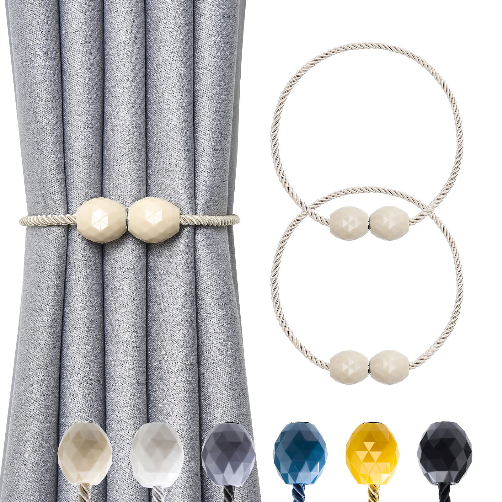Pretty Jolly 2 Pack Magnetic Curtain Tiebacks Handmade Weave Rope Curtain Holdbacks Elegant Decorative Polyhedra Curtain Drape Tie Backs for Home & Office Thick & Thin Window Drapery (Beige)