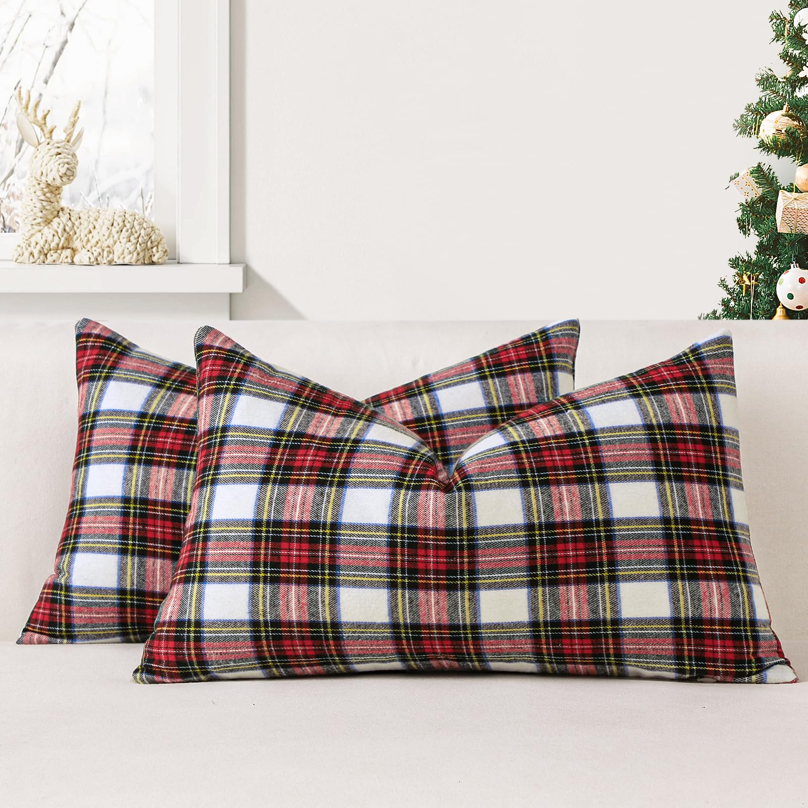 JOTOM Set of 2 Classic Plaids Cushion Covers 40x60 cm Christmas Scottish Tartan Plaid Soft Solid Decorative Throw Pillow Covers Home Decor Outdoor Cushion Case for Sofa Bedroom (Red White)