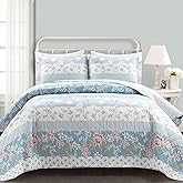 Lush Decor Cottage Core Flower Stripe Reversible Cotton Quilt 3 Piece Set Full/Queen Blue & Dusty Pink - Floral Bedding Set Queen Quilt - Coquette Decor