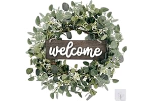Green Eucalyptus Wreath with Welcome Sign for Front Door, 20 Inch Artificial Eucalyptus Leaves Wreath with Berries, Spring Su