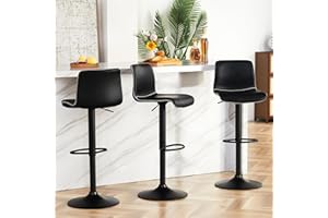 HeuGah Swivel Bar Stools Set of 3, Counter Height Bar Stools with Back, Adjustable Bar Stools 24" to 32", Black Faux Leather Bar Stools for Kitchen Island (Black, Set of 3 (24'' to 32''))