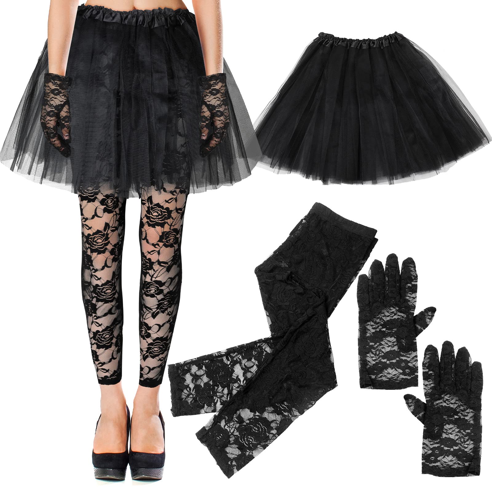 Boyiee 3 Pcs Halloween 80s Black Tutu Skirts for Women Fancy Dress for Women Costumes with Tutu Skirt Lace Gloves and Lace Leggings 80s Adult Costume Outfits for Cosplay Party