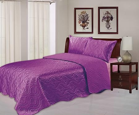 Satin Bedspread Purple Single Bed Quilted Embossed Bedspread