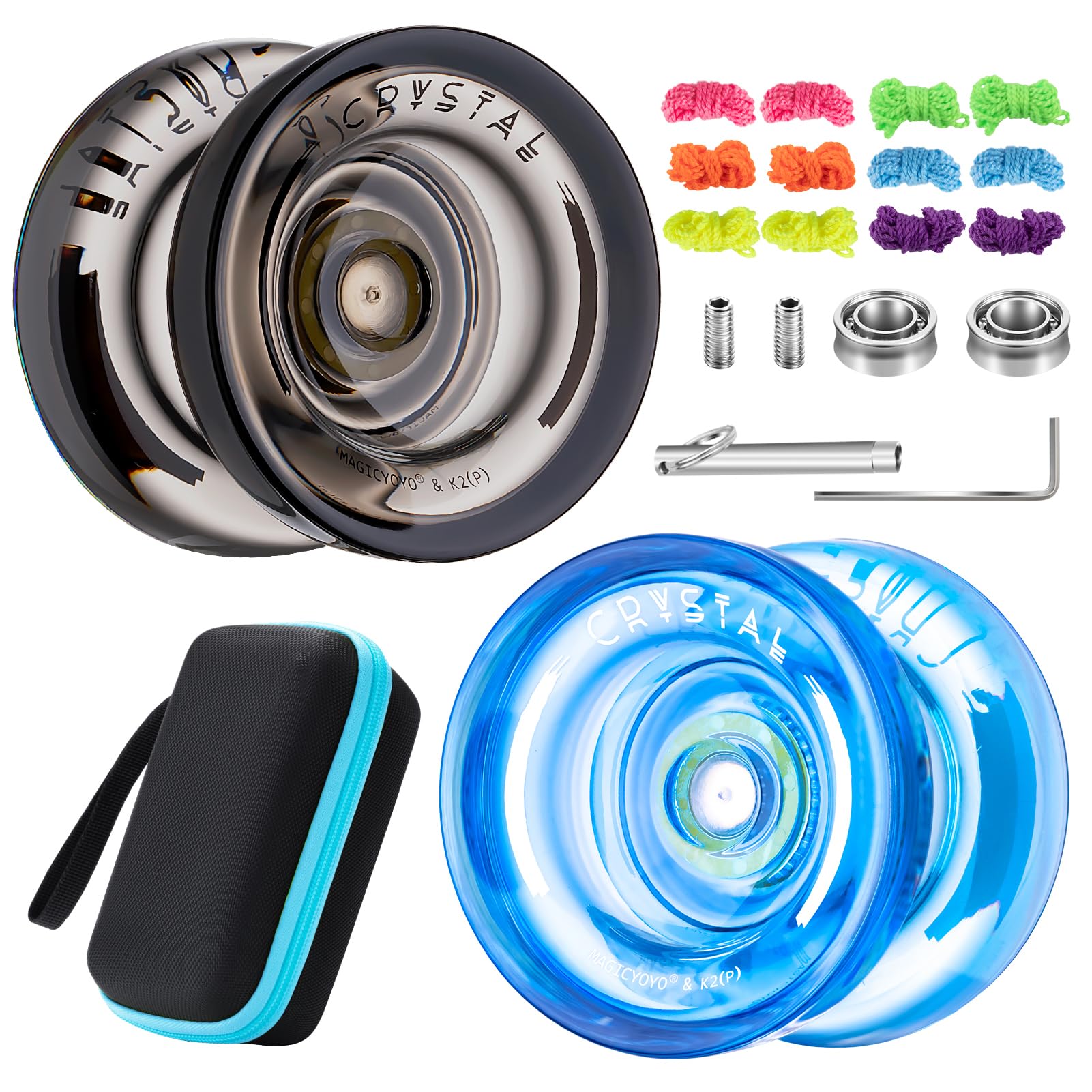MAGICYOYO Dual Purpose K2 Crystal Yoyo Pack - Responsive for Kids Beginner, Professional Plastic Trick Yo-yo with 12 Strings + Unresponsive Bearing Kit + Case (Black + Blue)