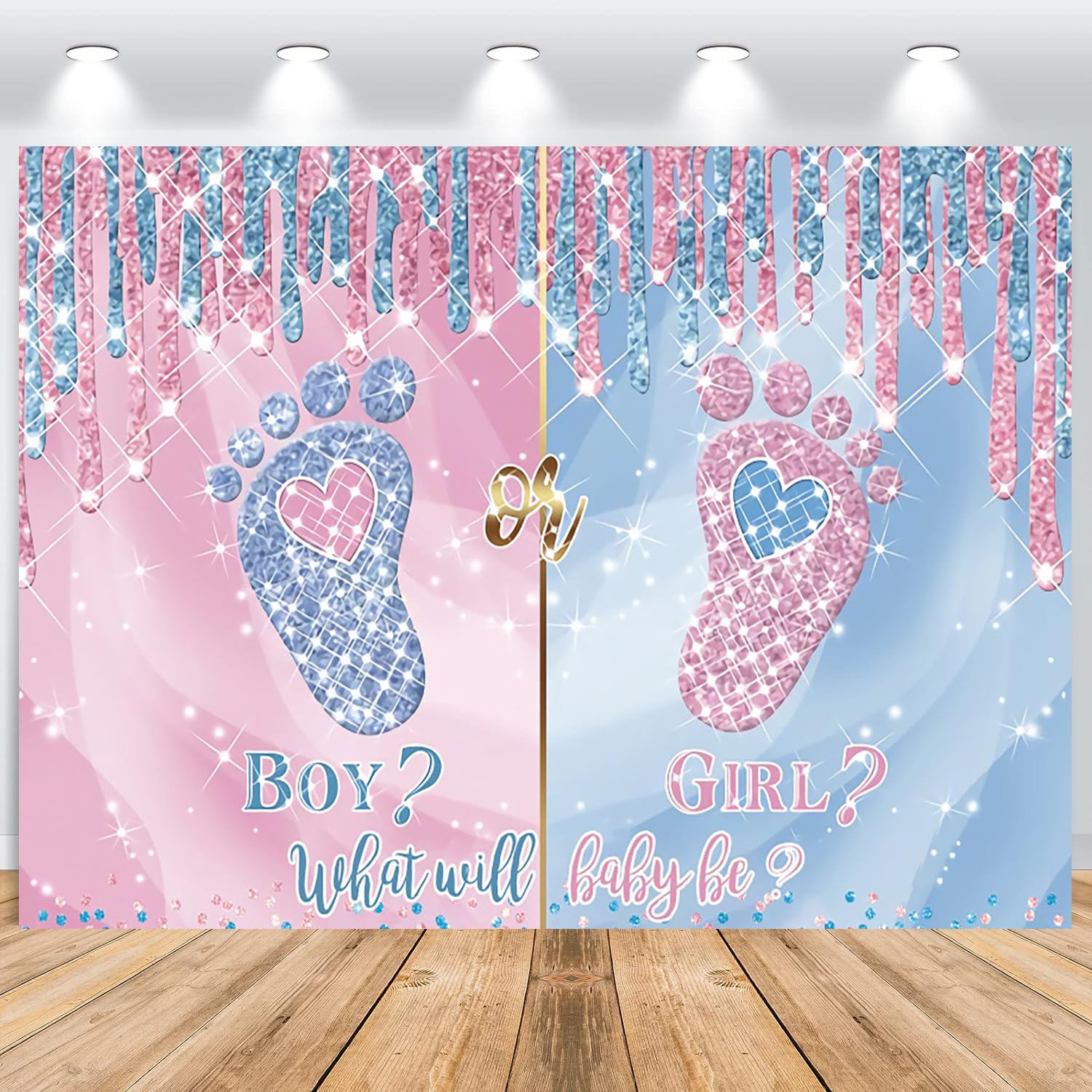 Hnmdmyi 7x5FT Gender Reveal Backdrop Little Feet Blue or Pink Boy or Girl What Will Baby Be Photography Background Gender Reveal Party Cake Table Decorations Banner Photo Booth Props