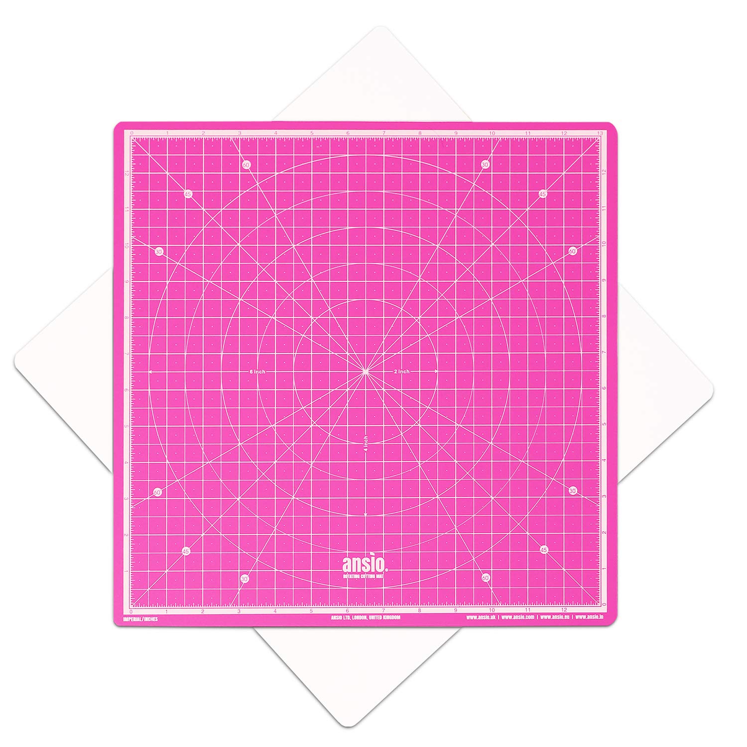 ANSIO 360° Rotating Self Healing Cutting Mat - Craft, Quilting, Sewing, Scrapbooking, Fabric & Papercraft - Imperial 13 Inch x 13 Inch Square Self Healing rotating cutting mat - Pink