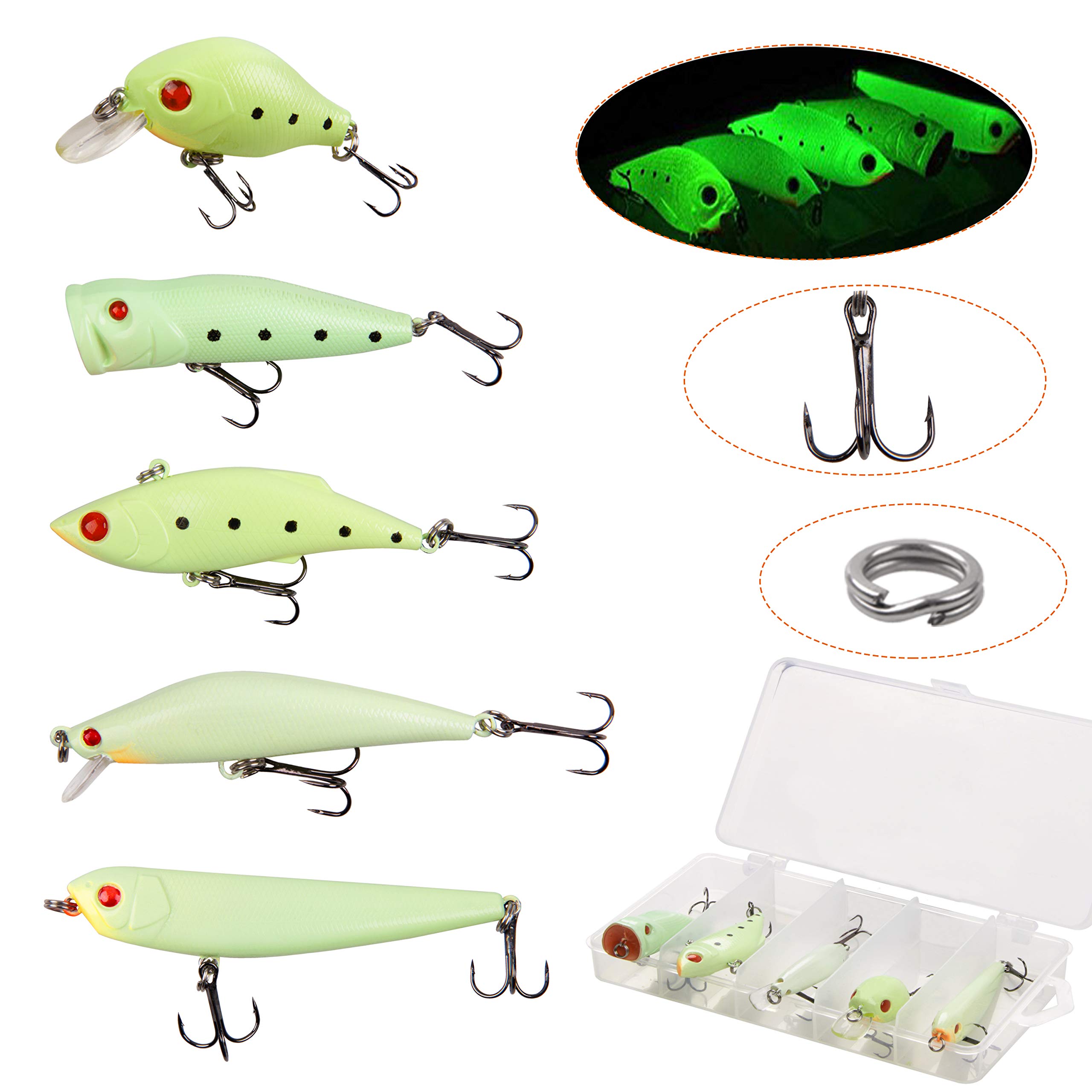 5pcs/Set Night Fishing Lure Bait 3D Crankbait Luminous Bait Hard Bait with Treble Hooks Artificial Lures Glow in Dark Minnow Hard Bait Tackle